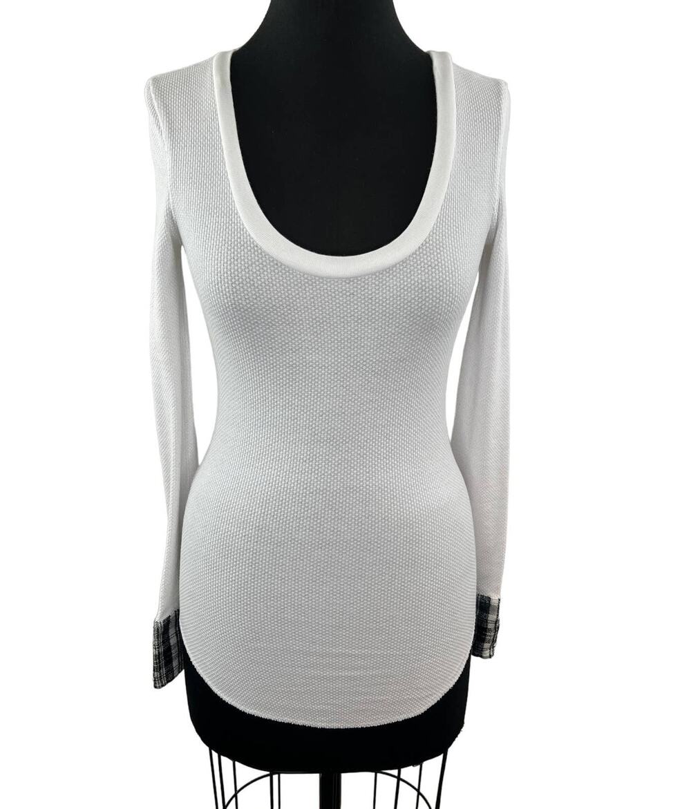 We the Free People White Waffle Knit Plaid Cuff Scoop Neck Thermal Top XS